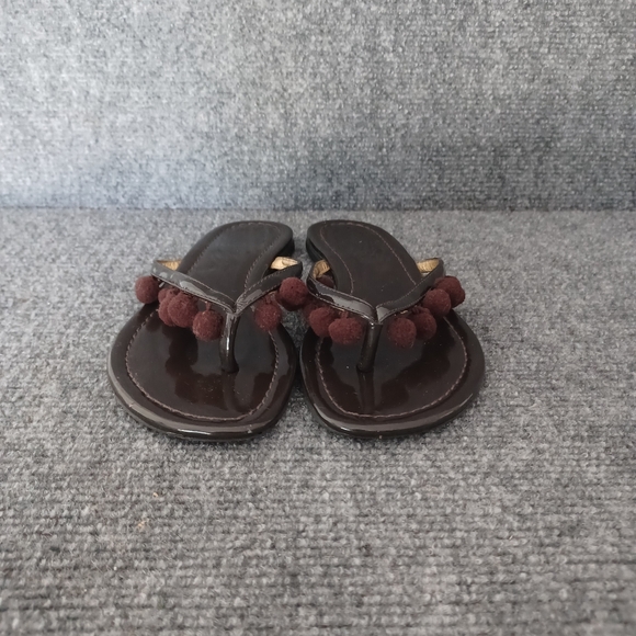 Tory Burch Women Leather Pom Pom Flip Flop Shoe Size 5 Boho Color Brown - Picture 2 of 11